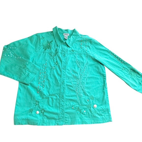 Graff by UM Company Tops - Graff by UM Company Turquoise Coastal Shell Starfish Embroidered Button Shirt XL